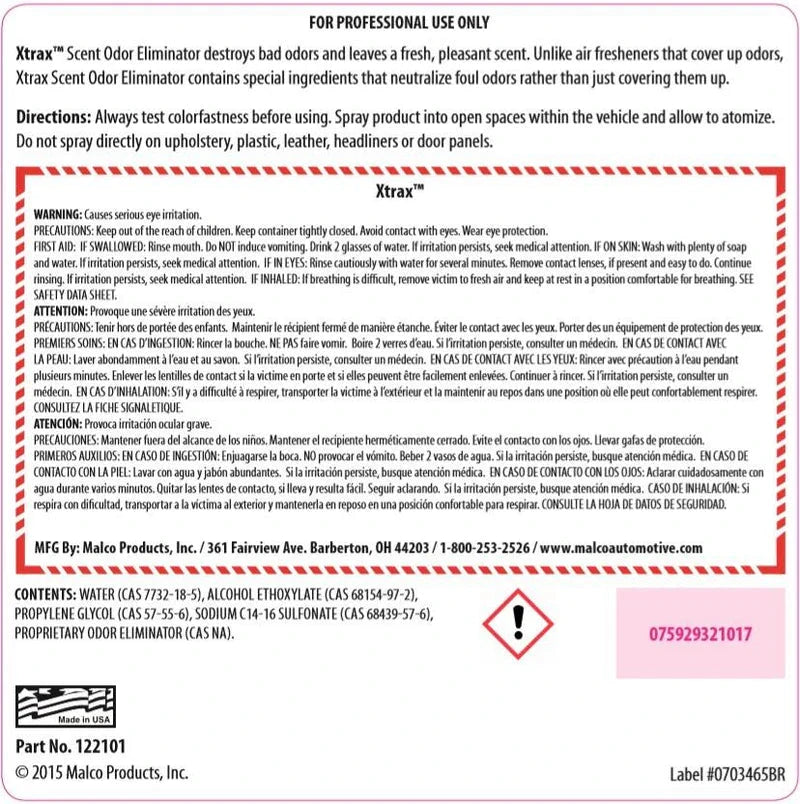MALCO XTRAX™ SCENT ODOR ELIMINATOR Product #1221 Odor Neutralizer Malco® Automotive 